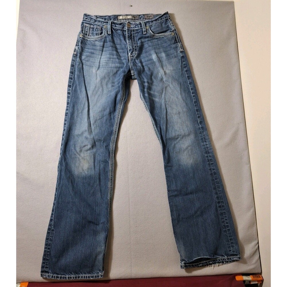 BKE Tyler Jeans Mens 31XLx35 Tall Blue Distressed Bootcut Denim Western Rock